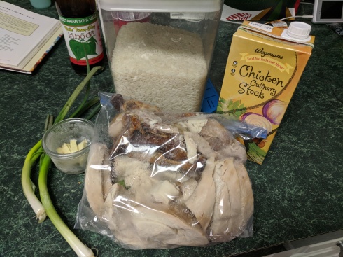 Turkey soup chao ingredients green onions, ginger, turkey, chicken stock and rice